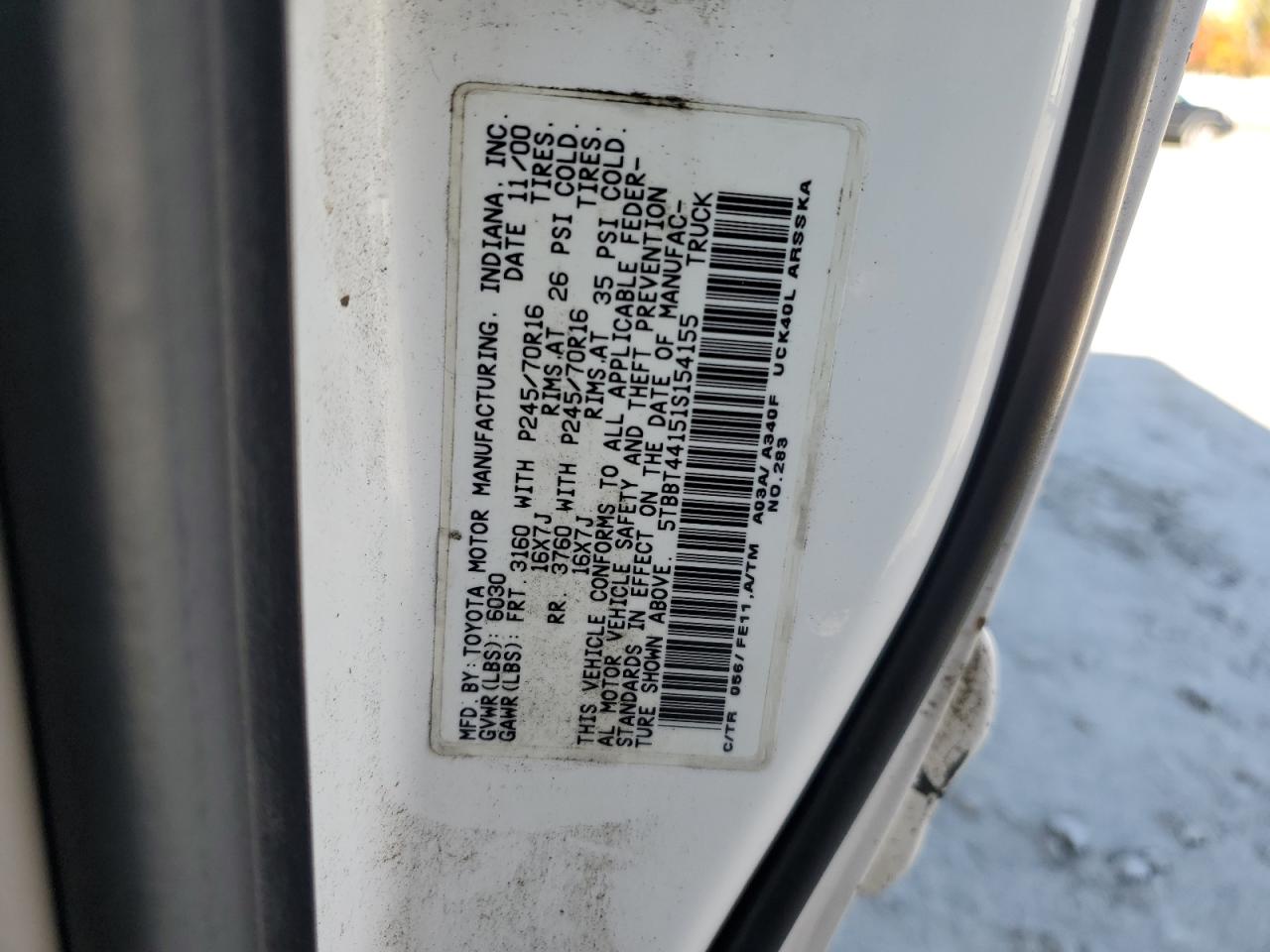 2001 Toyota Tundra Access Cab VIN: 5TBBT44151S154155 Lot: 87420645