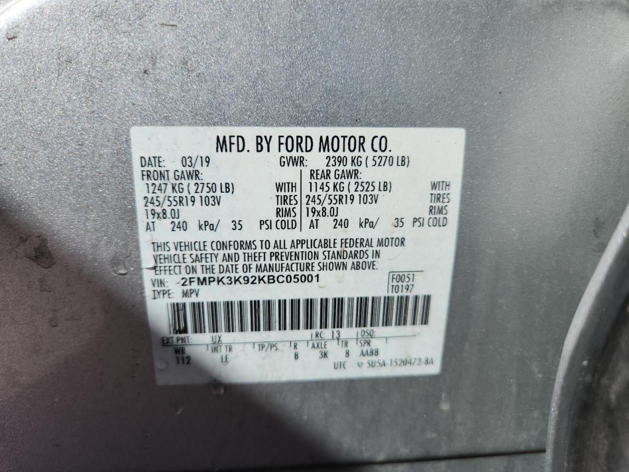 2019 Ford Edge Titanium VIN: 2FMPK3K92KBC05001 Lot: 84298175