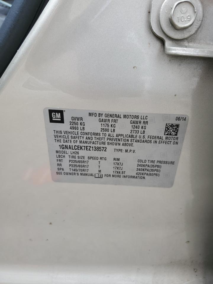 2014 Chevrolet Equinox Lt VIN: 1GNALCEK7EZ138572 Lot: 85304425