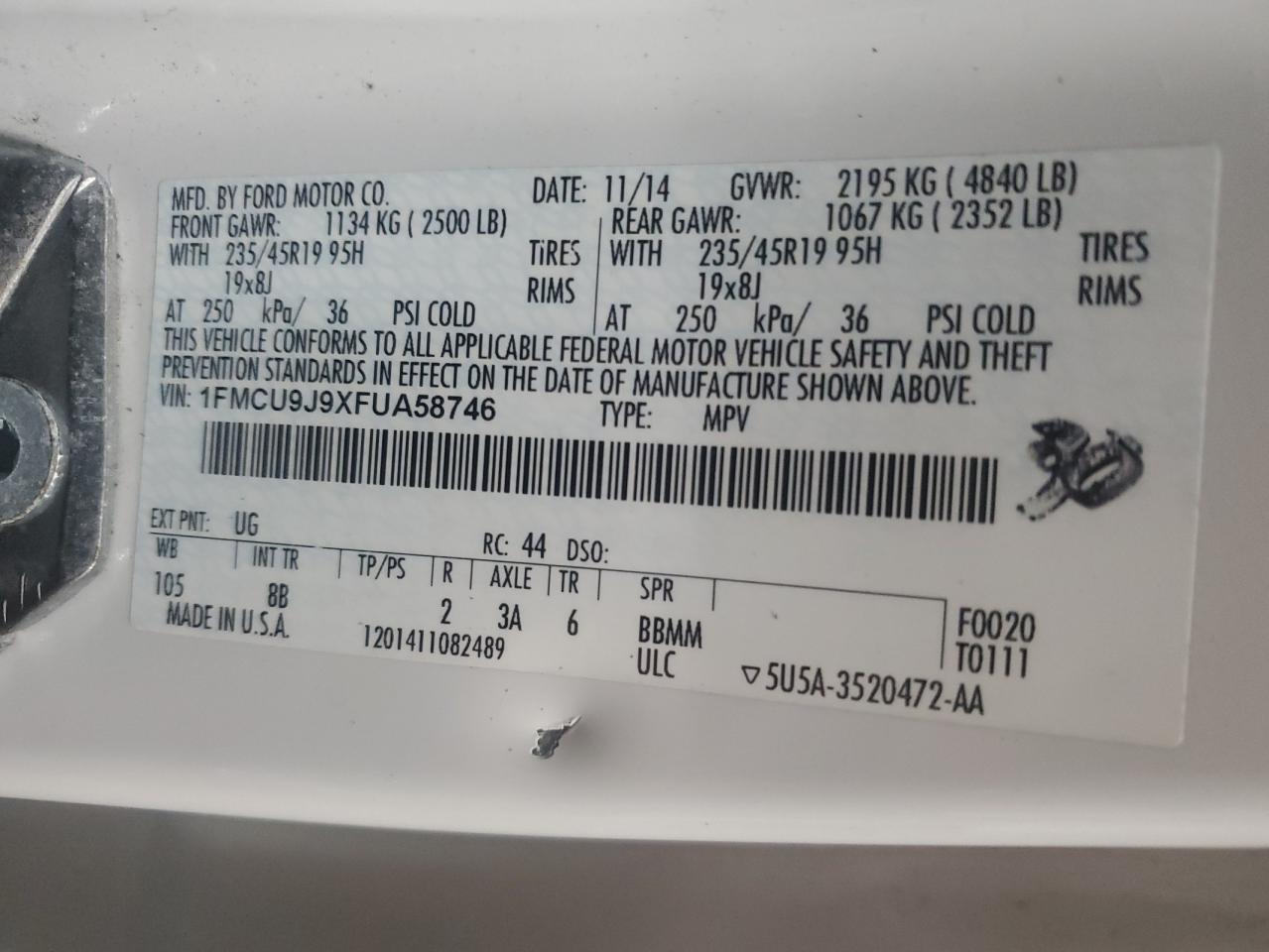 2015 Ford Escape Titanium VIN: 1FMCU9J9XFUA58746 Lot: 85353845