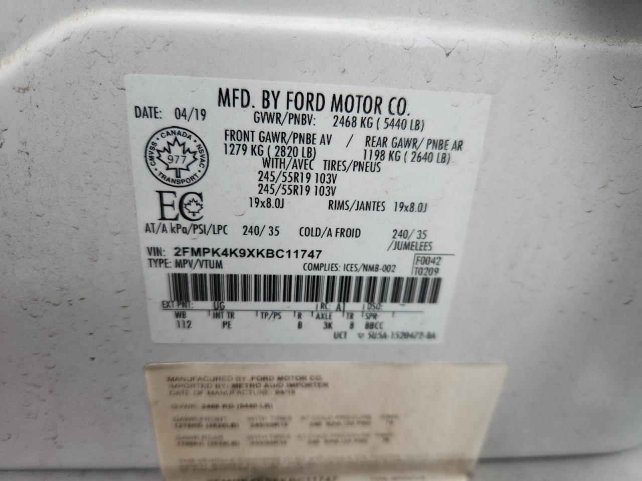 2019 Ford Edge Titanium VIN: 2FMPK4K9XKBC11747 Lot: 90373505