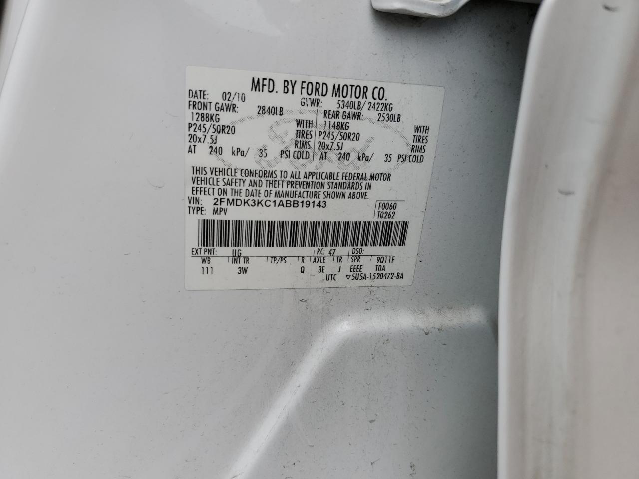 2010 Ford Edge Limited VIN: 2FMDK3KC1ABB19143 Lot: 89885215