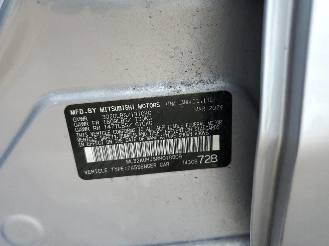 2024 Mitsubishi Mirage Es VIN: ML32AUHJ5RH010809 Lot: 86857365