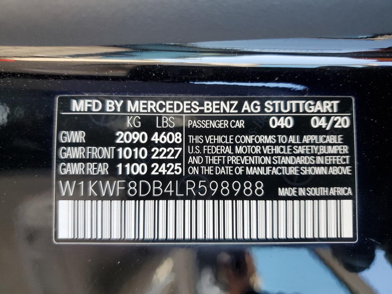 2020 Mercedes-Benz C 300 VIN: W1KWF8DB4LR598988 Lot: 85743245