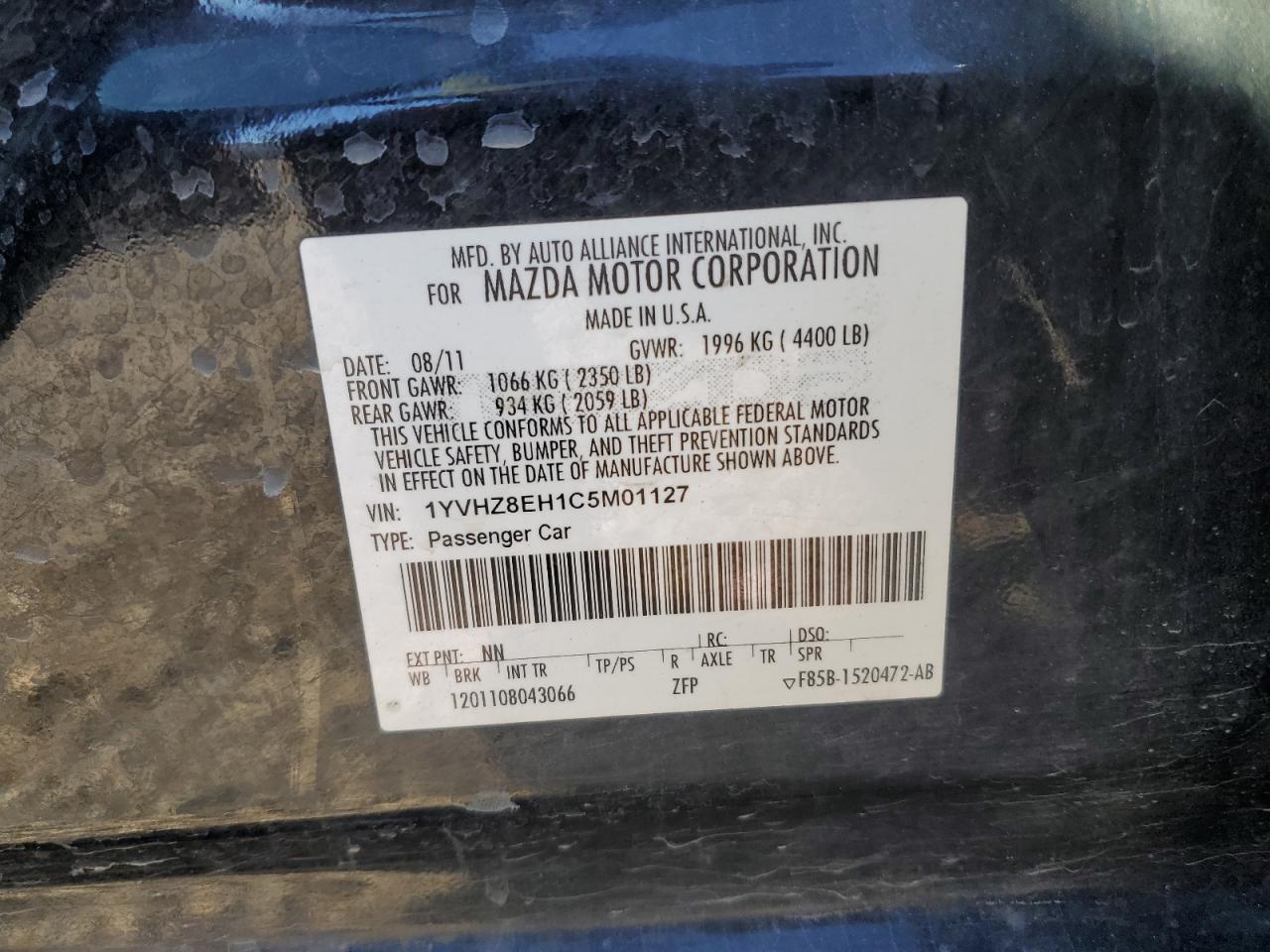 2012 Mazda 6 I VIN: 1YVHZ8EH1C5M01127 Lot: 85203645