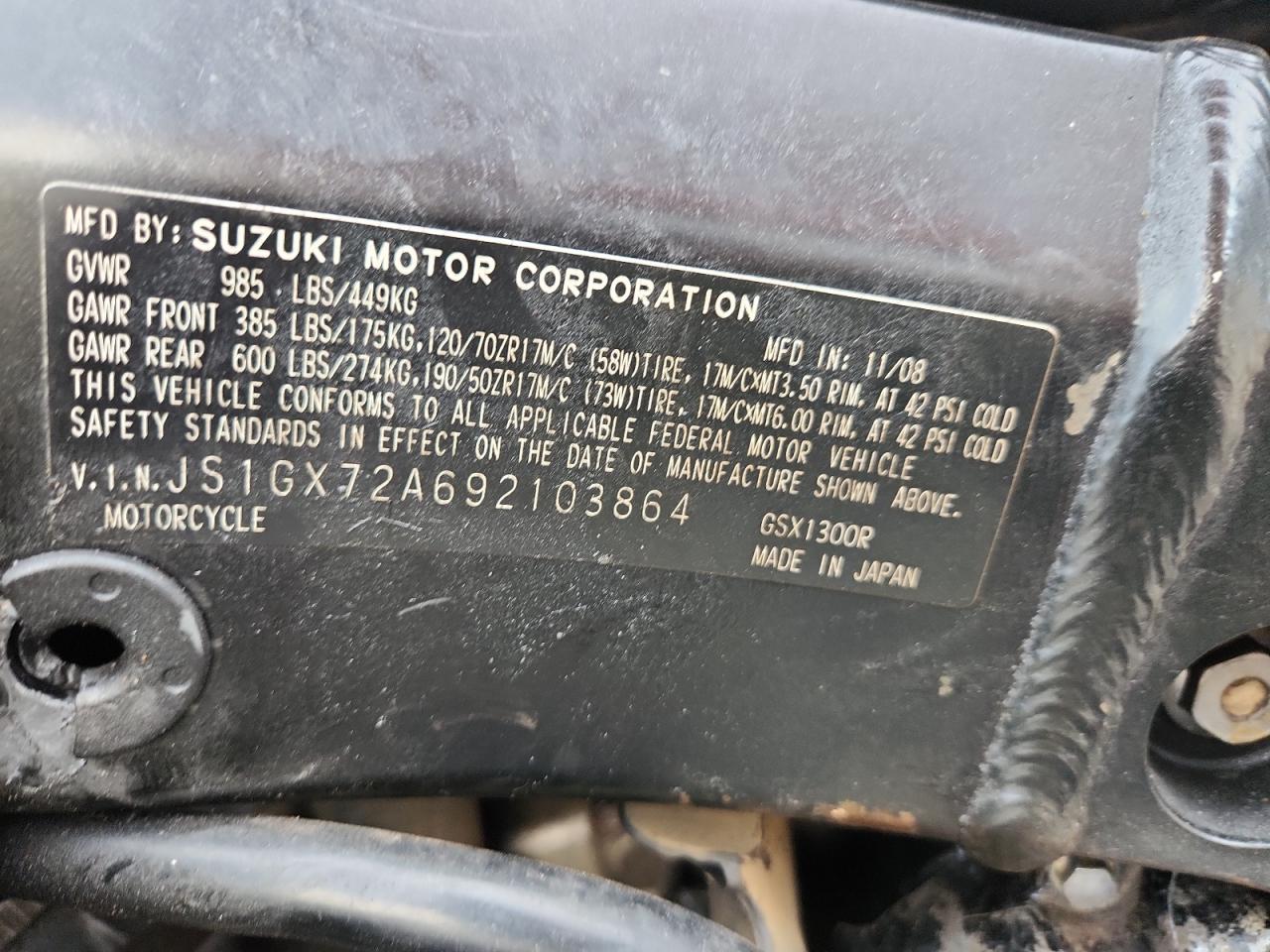 2009 Suzuki Gsx1300 R VIN: JS1GX72A692103864 Lot: 89526375