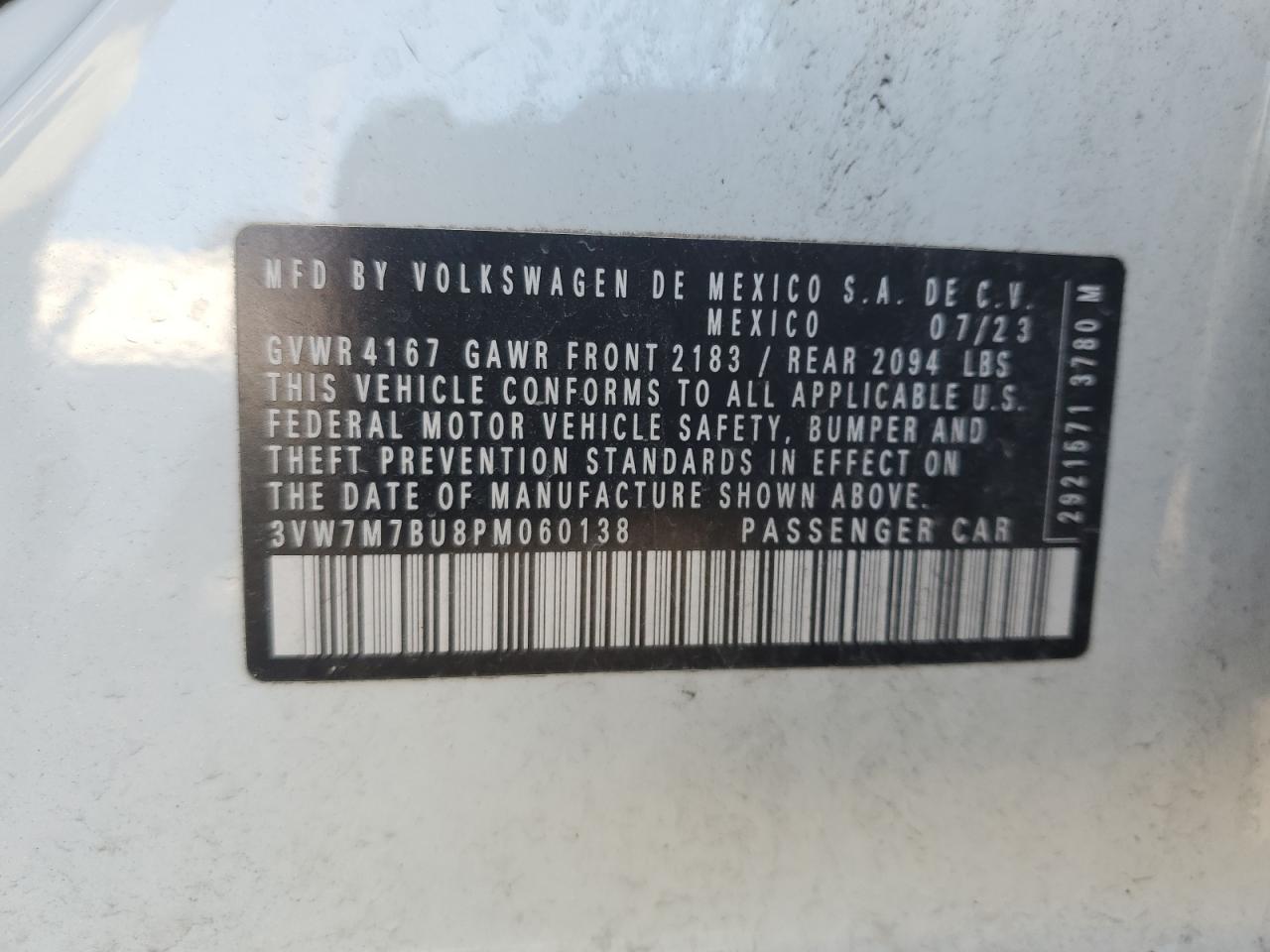 2023 Volkswagen Jetta Se VIN: 3VW7M7BU8PM060138 Lot: 87190485