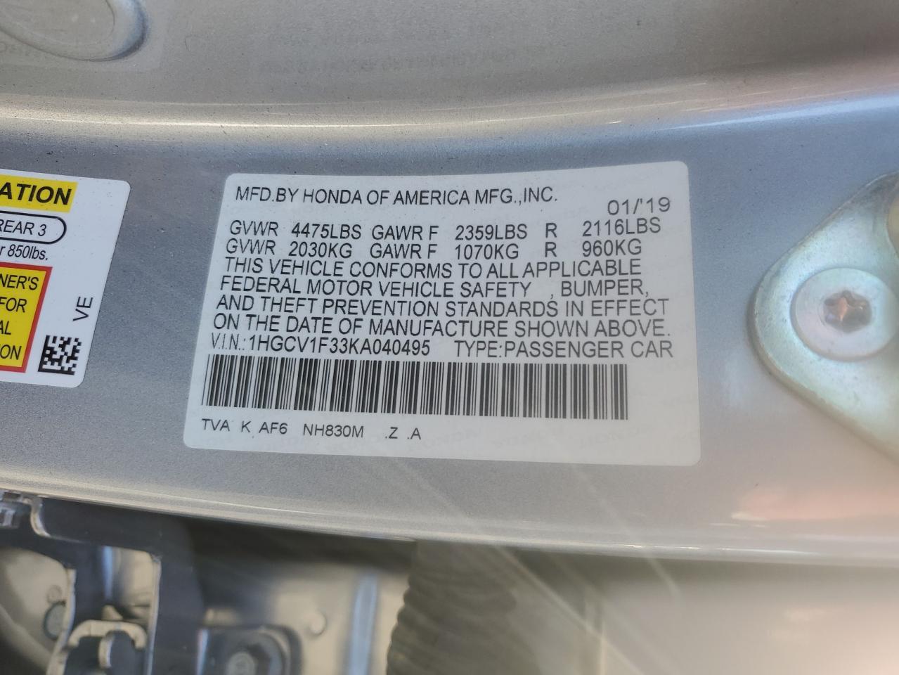 2019 Honda Accord Sport VIN: 1HGCV1F33KA040495 Lot: 81913045