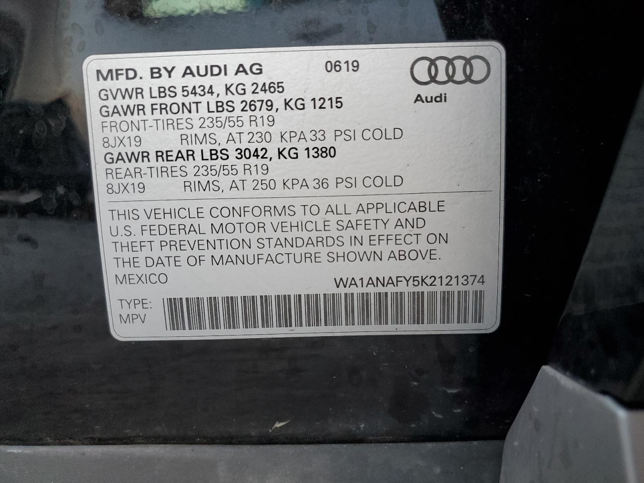 2019 Audi Q5 Premium VIN: WA1ANAFY5K2121374 Lot: 89442335