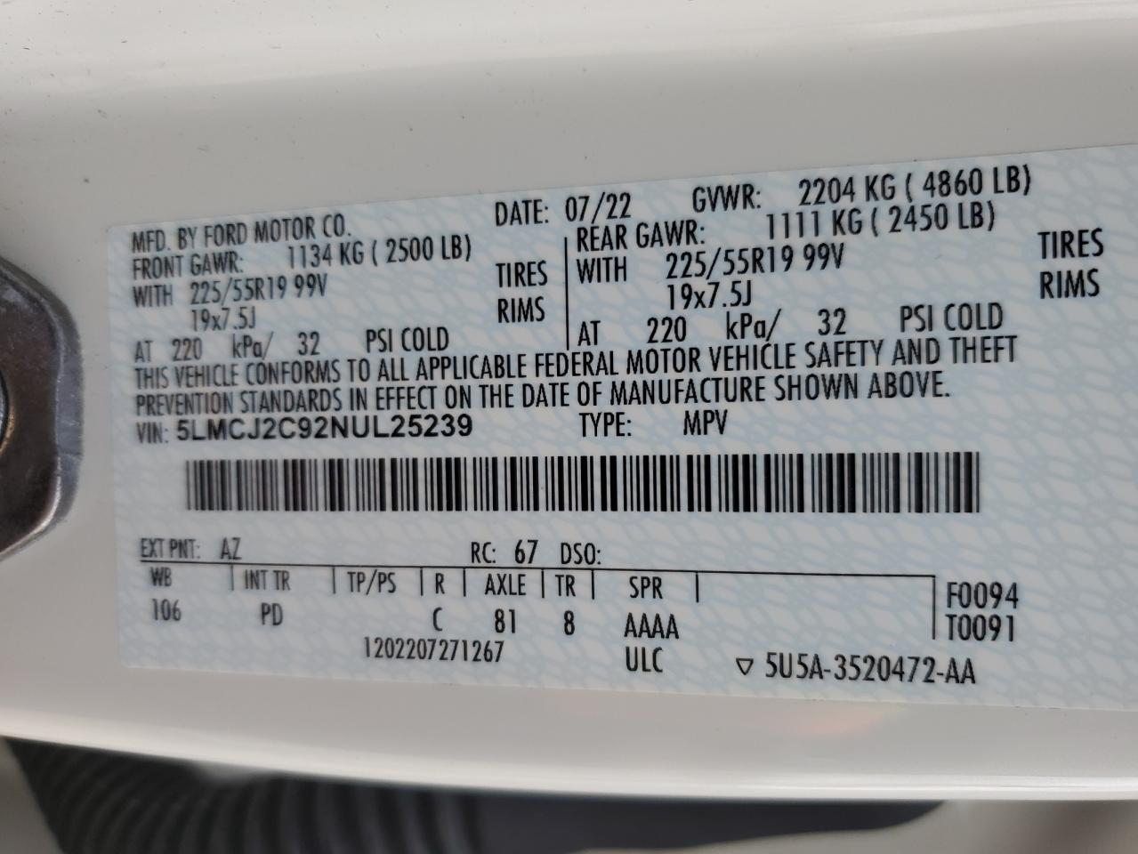 2022 Lincoln Corsair Reserve VIN: 5LMCJ2C92NUL25239 Lot: 86613585