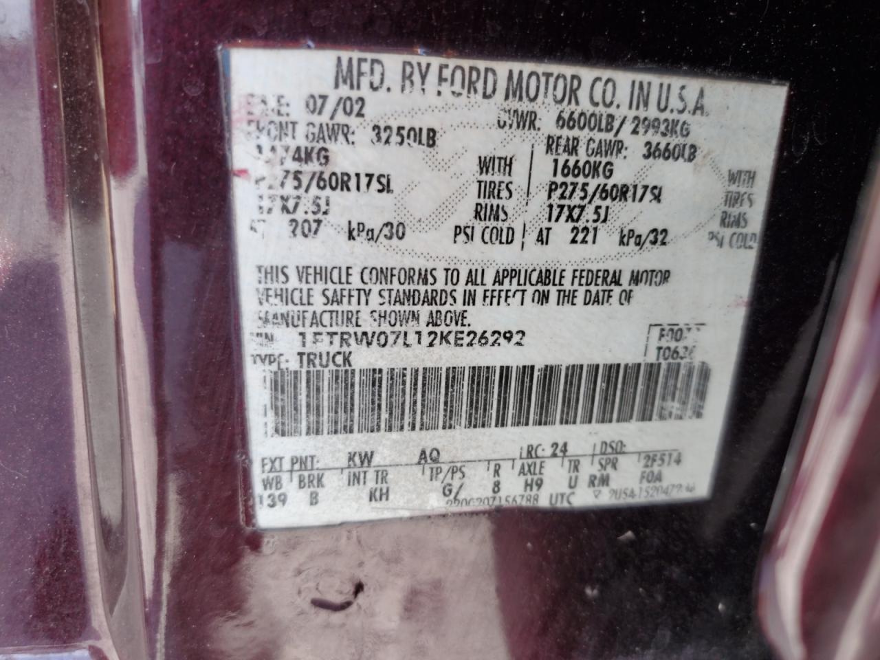 2002 Ford F150 Supercrew VIN: 1FTRW07L12KE26292 Lot: 87376075