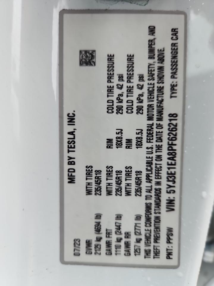 2023 Tesla Model 3 VIN: 5YJ3E1EA8PF626218 Lot: 87463265