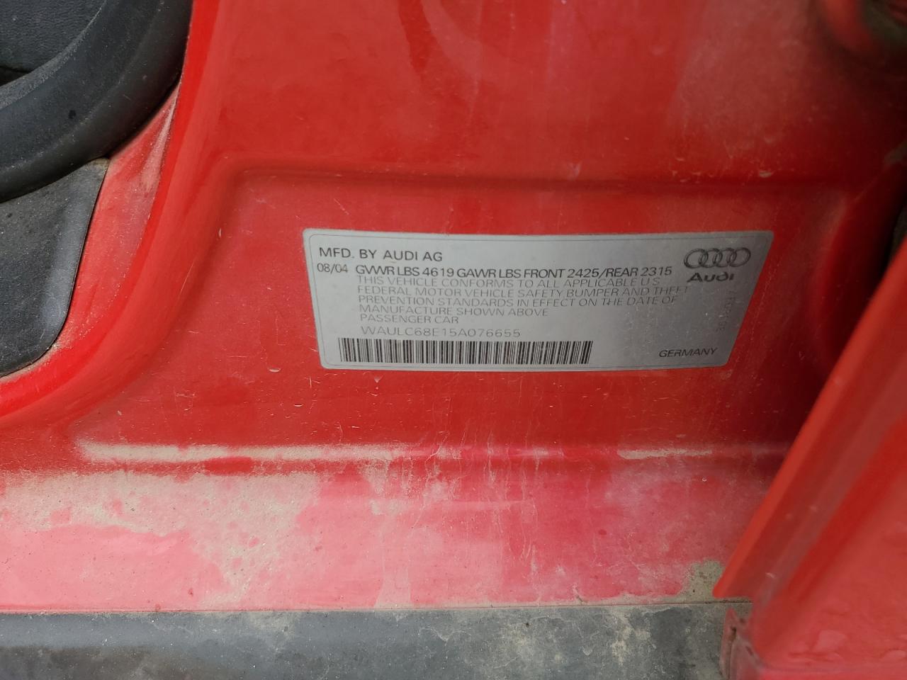 2005 Audi A4 VIN: WAULC68E15A076655 Lot: 82282105