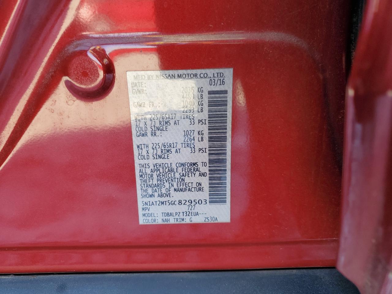 2016 Nissan Rogue S VIN: 5N1AT2MT5GC829503 Lot: 84802155