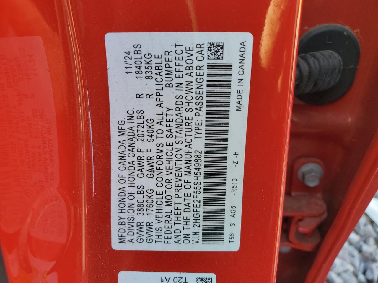 2025 Honda Civic Sport VIN: 2HGFE2F55SH549882 Lot: 85143365