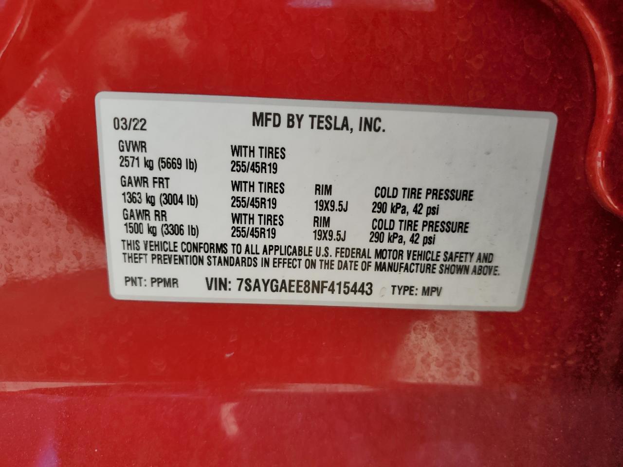 2022 Tesla Model Y VIN: 7SAYGAEE8NF415443 Lot: 85184865