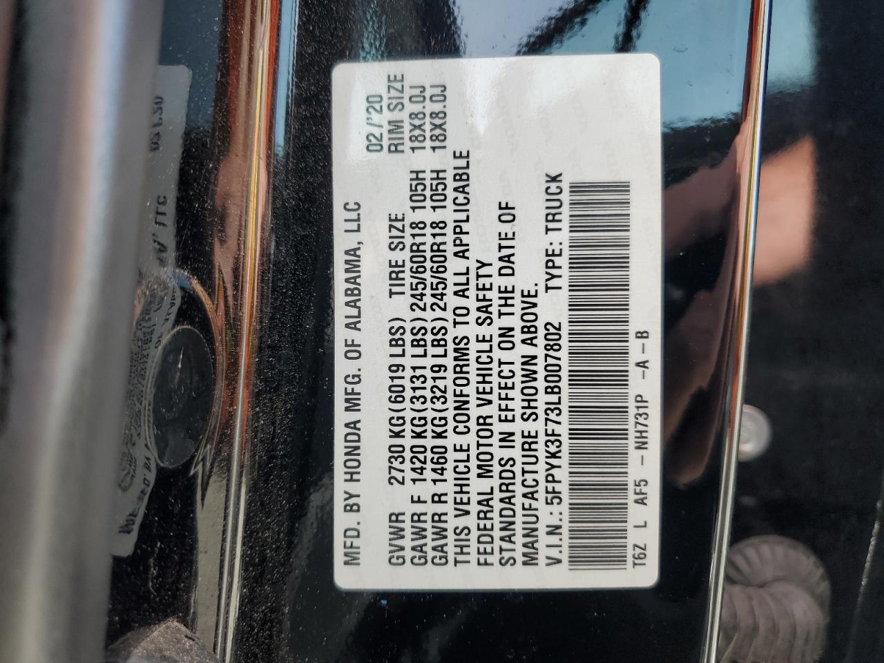 2020 Honda Ridgeline Rtl VIN: 5FPYK3F73LB007802 Lot: 82709395