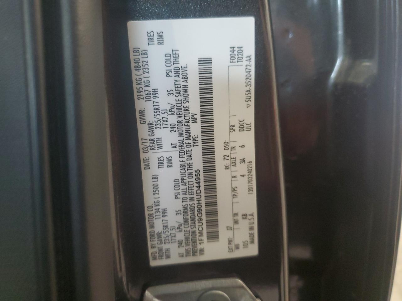 2017 Ford Escape Se VIN: 1FMCU9G90HUD44955 Lot: 86147185