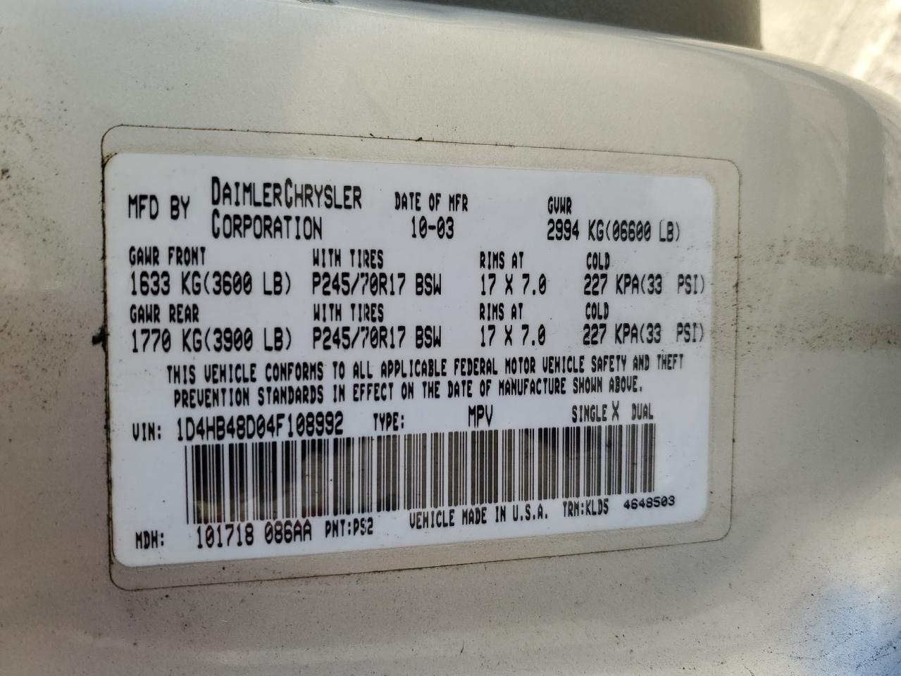 2004 Dodge Durango Slt VIN: 1D4HB48D04F108992 Lot: 82477835