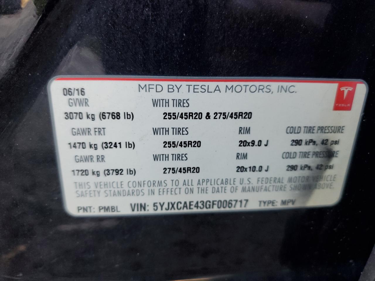 2016 Tesla Model X VIN: 5YJXCAE43GF006717 Lot: 87412695