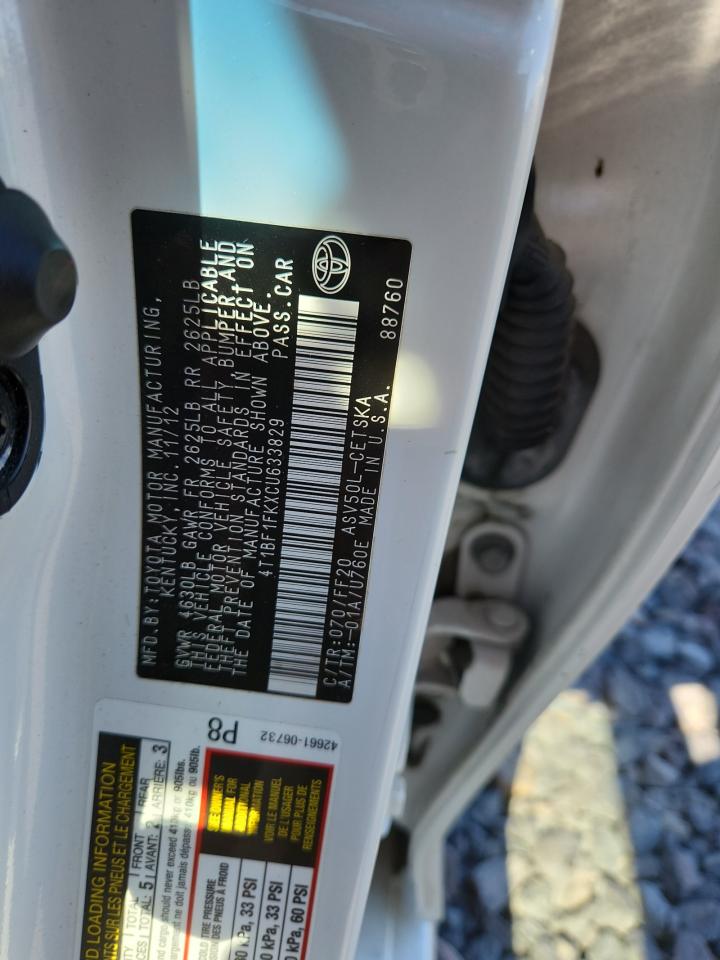 2012 Toyota Camry Base VIN: 4T1BF1FKXCU633829 Lot: 85877275