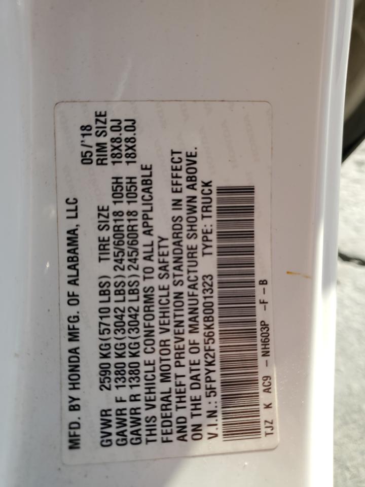 2019 Honda Ridgeline Rtl VIN: 5FPYK2F56KB001323 Lot: 82499095