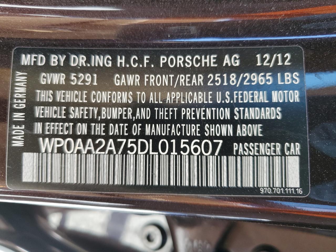 2013 Porsche Panamera 2 VIN: WP0AA2A75DL015607 Lot: 89669555