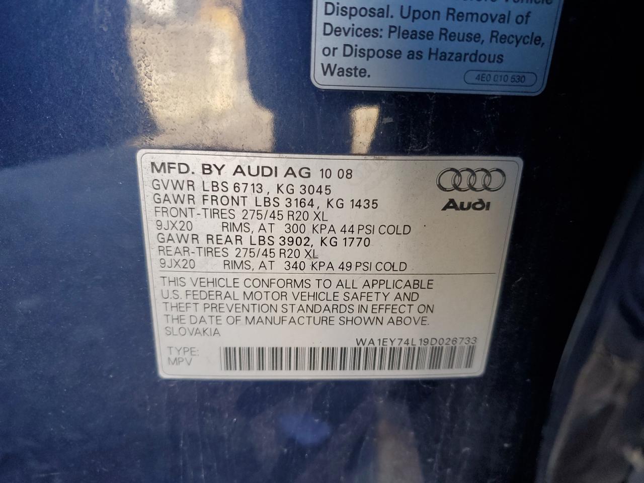 2009 Audi Q7 3.6 Quattro Premium S-Line VIN: WA1EY74L19D026733 Lot: 82767825