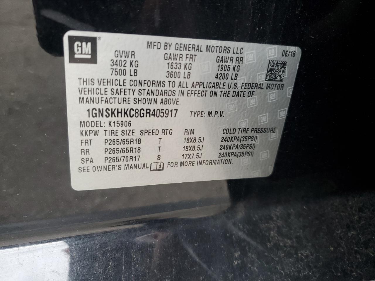 2016 Chevrolet Suburban K1500 Lt VIN: 1GNSKHKC8GR405917 Lot: 82617755