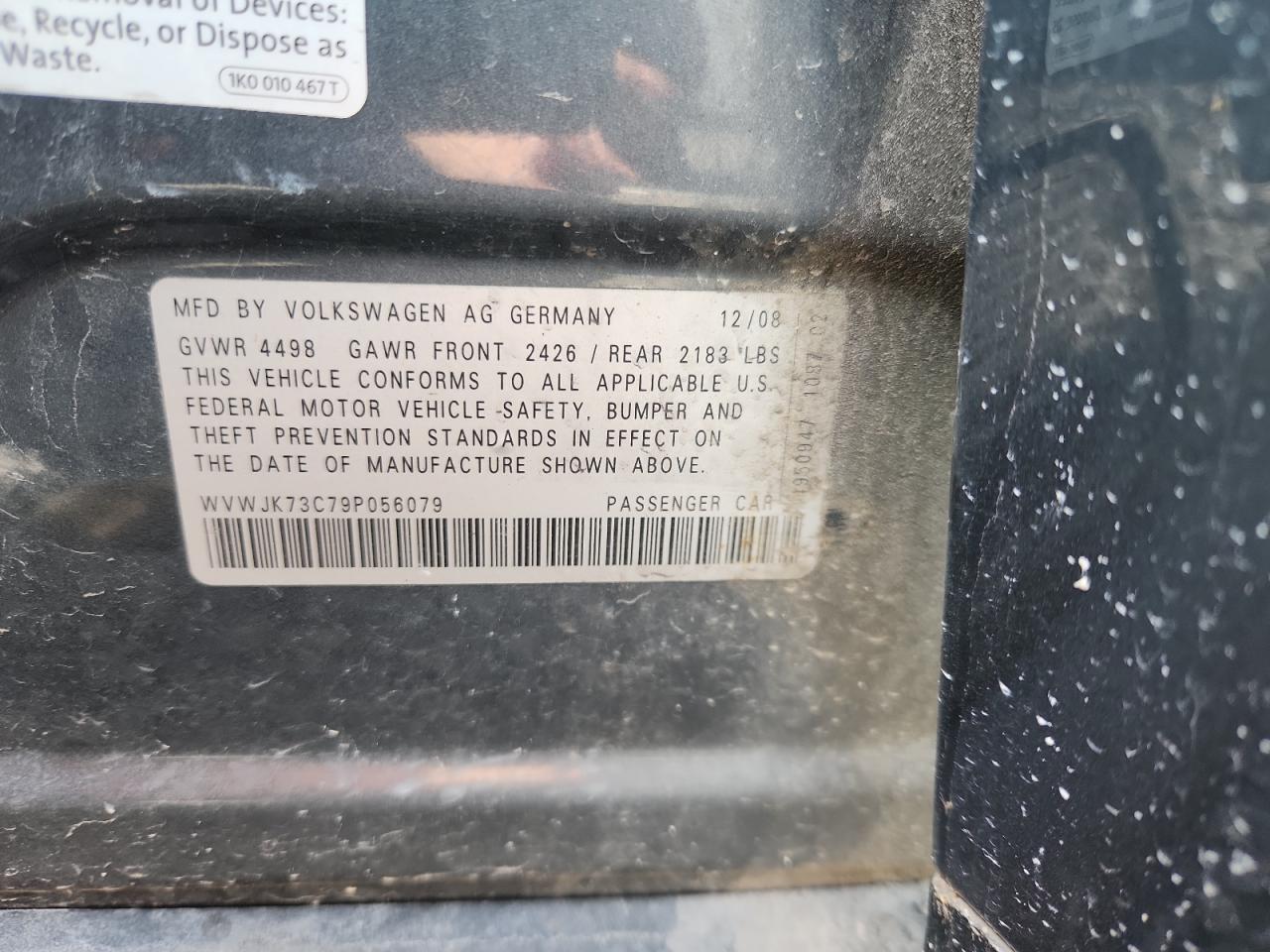 2009 Volkswagen Passat Turbo VIN: WVWJK73C79P056079 Lot: 90408455
