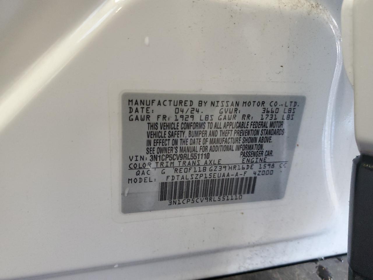 2024 Nissan Kicks Sv VIN: 3N1CP5CV9RL551110 Lot: 85701785