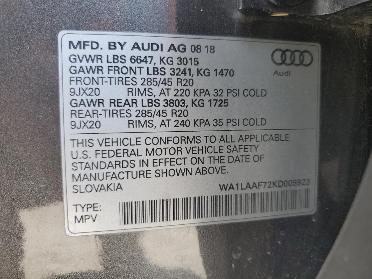 2019 Audi Q7 Premium Plus VIN: WA1LAAF72KD005923 Lot: 82188255