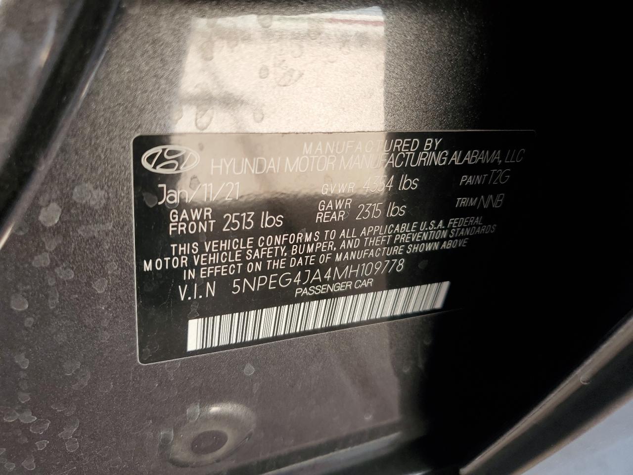 2021 Hyundai Sonata Se VIN: 5NPEG4JA4MH109778 Lot: 85377785