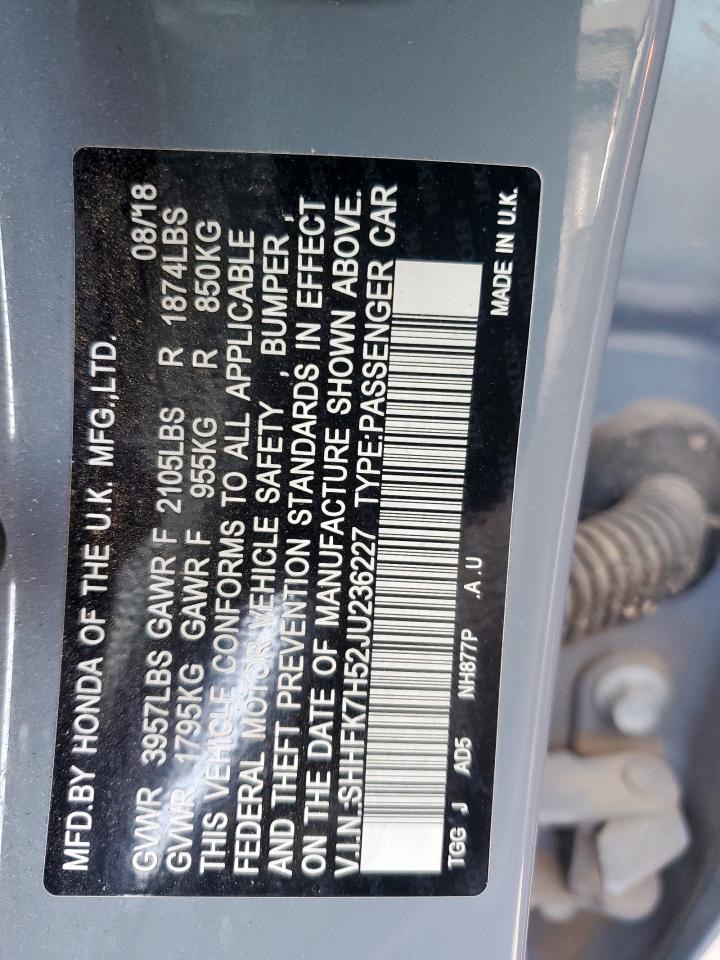 2018 Honda Civic Ex VIN: SHHFK7H52JU236227 Lot: 85697085