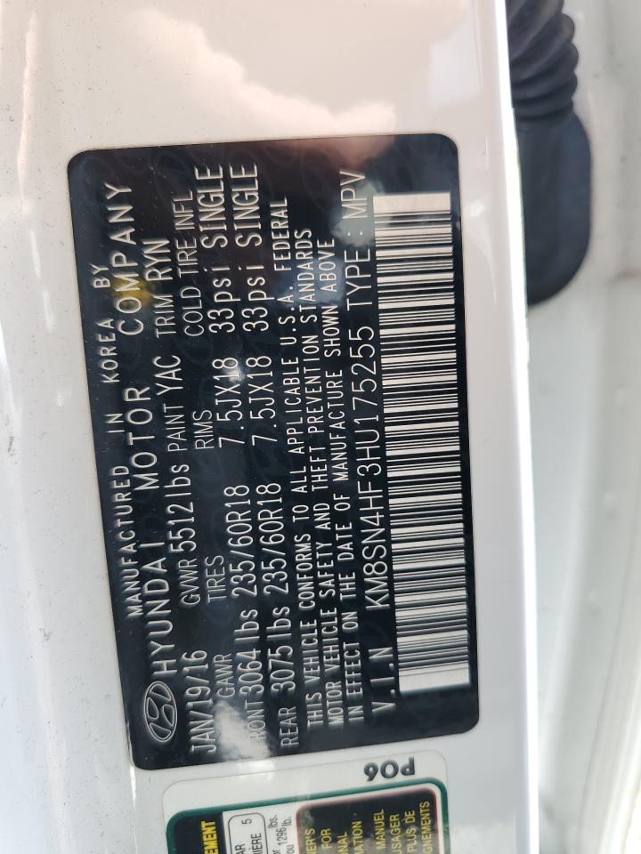 2017 Hyundai Santa Fe Se VIN: KM8SN4HF3HU175255 Lot: 82311085