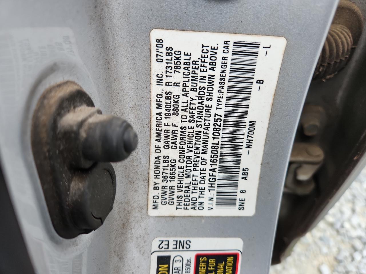 2008 Honda Civic Lx VIN: 1HGFA16508L108257 Lot: 82355585