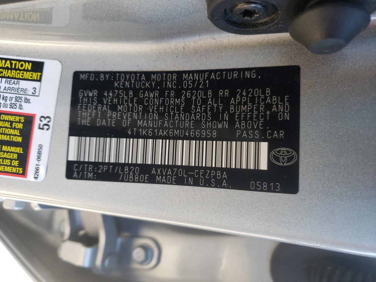 2021 Toyota Camry Xse VIN: 4T1K61AK6MU466958 Lot: 82712015