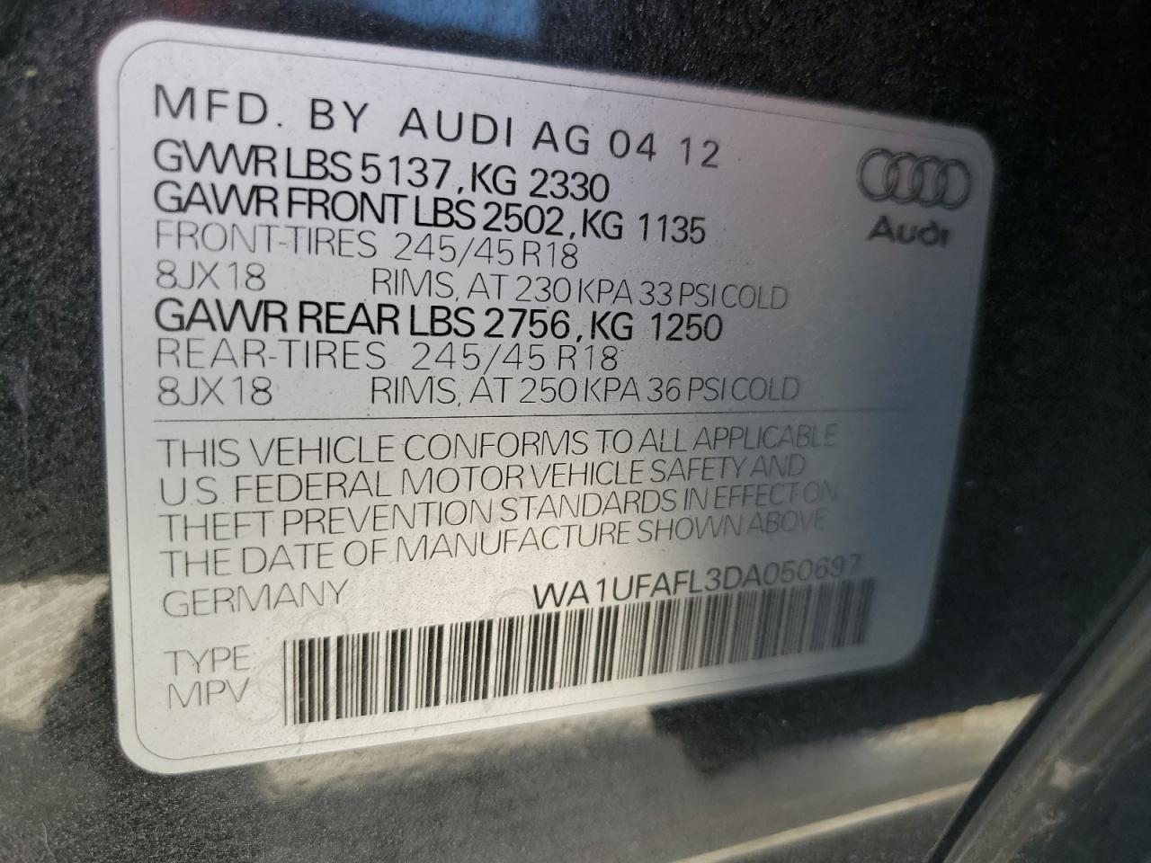 2013 Audi A4 Allroad Premium Plus VIN: WA1UFAFL3DA050697 Lot: 87188035