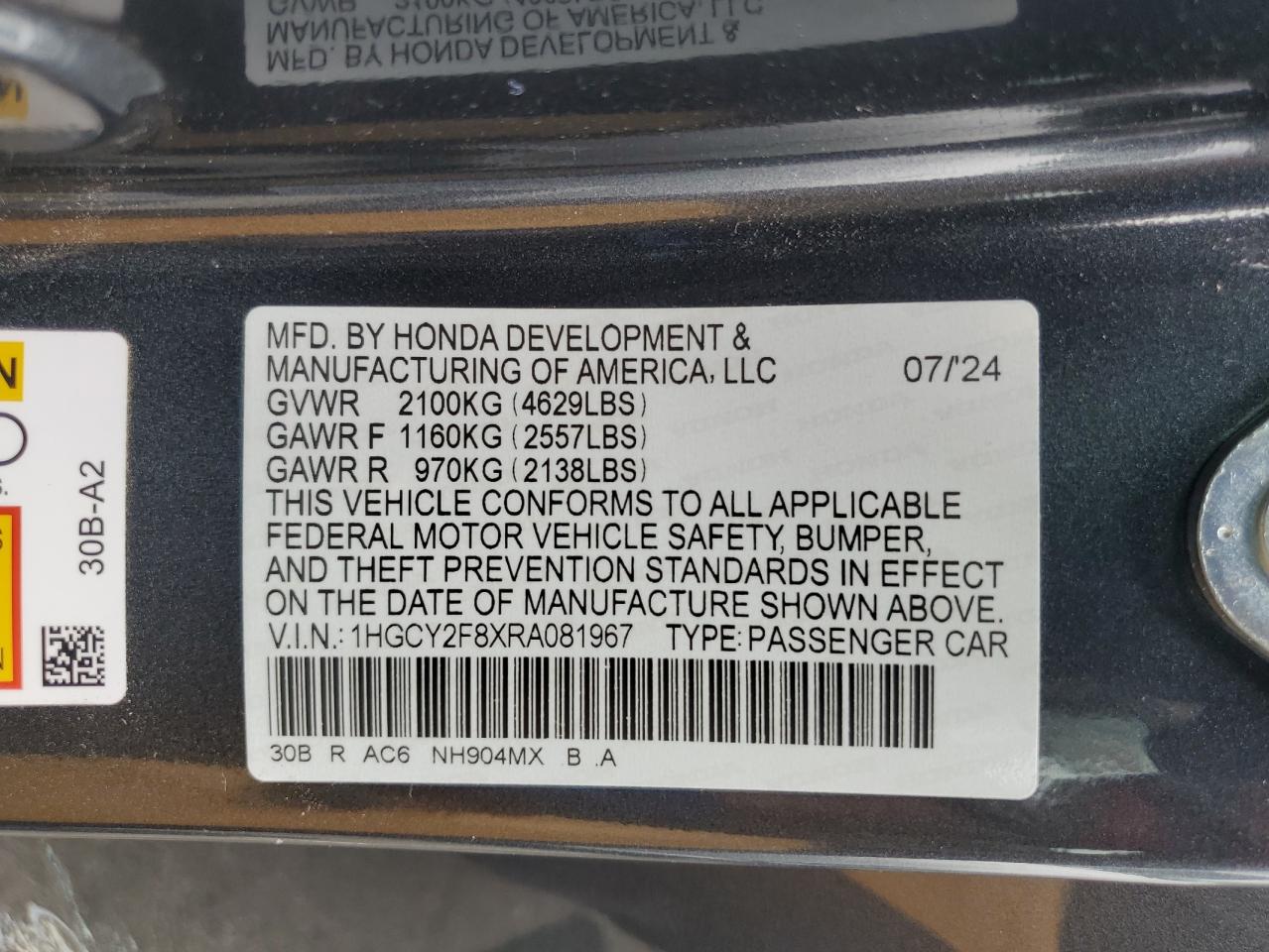 2024 Honda Accord Touring Hybrid VIN: 1HGCY2F8XRA081967 Lot: 85729335