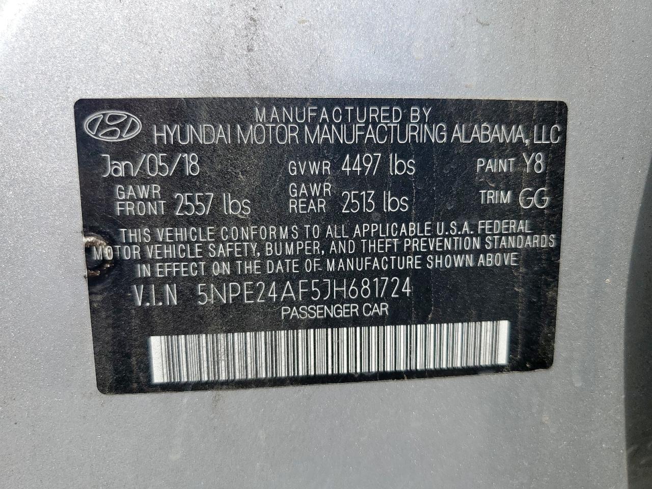 2018 Hyundai Sonata Se VIN: 5NPE24AF5JH681724 Lot: 84891395