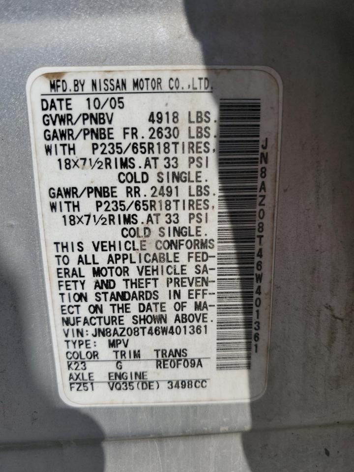 2006 Nissan Murano Sl VIN: JN8AZ08T46W401361 Lot: 82196725