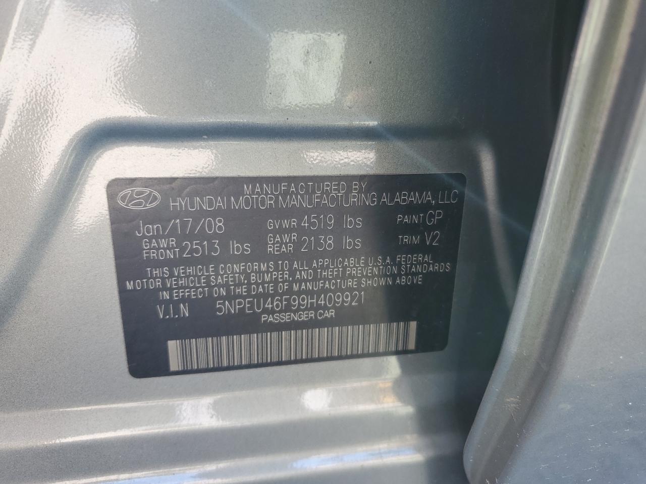 2009 Hyundai Sonata Se VIN: 5NPEU46F99H409921 Lot: 86302495