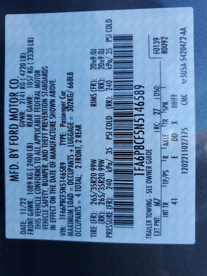 2022 Ford Mustang Gt VIN: 1FA6P8CF5N5146589 Lot: 89448595