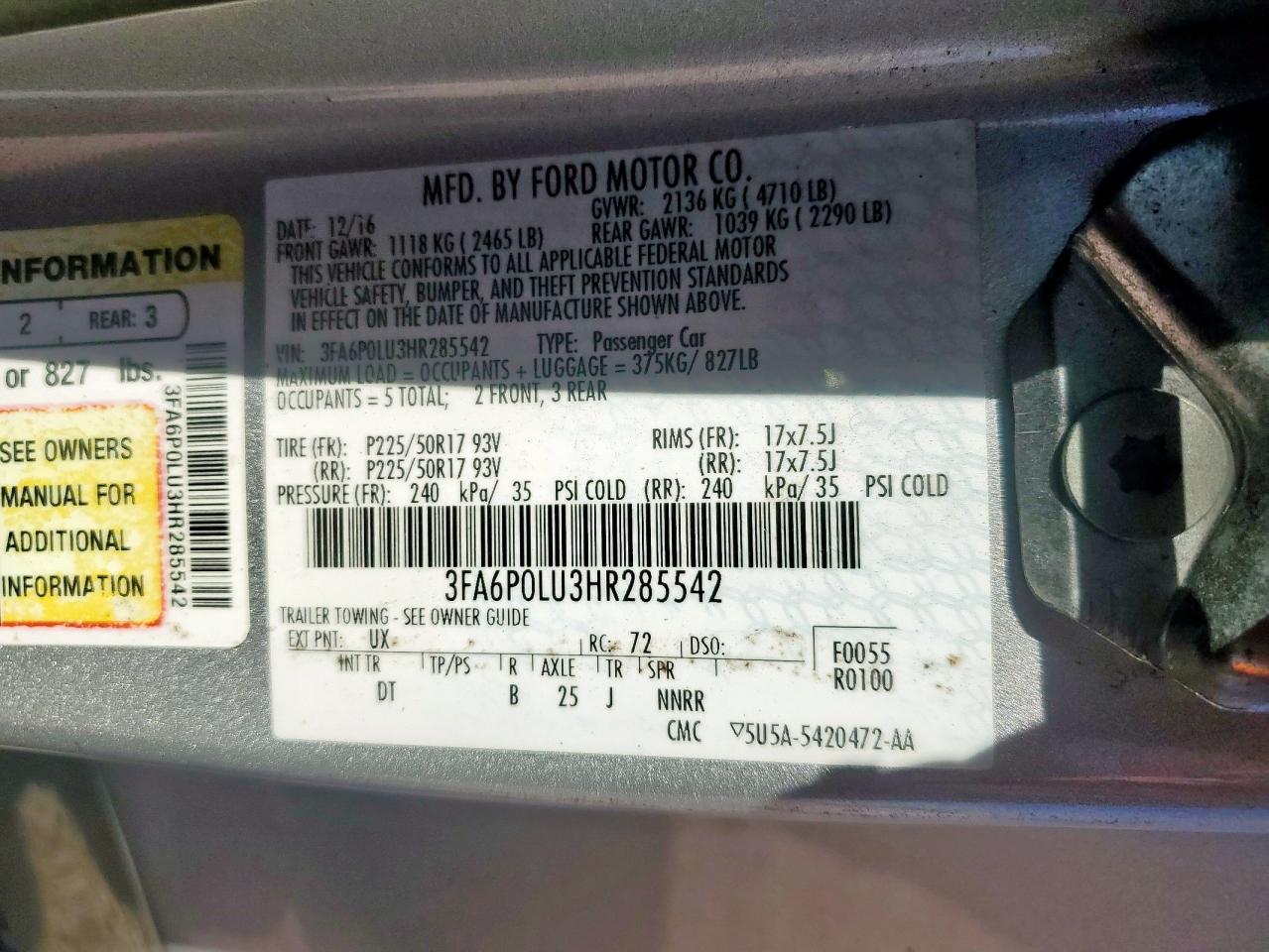 2017 Ford Fusion Se Hybrid VIN: 3FA6P0LU3HR285542 Lot: 90261795