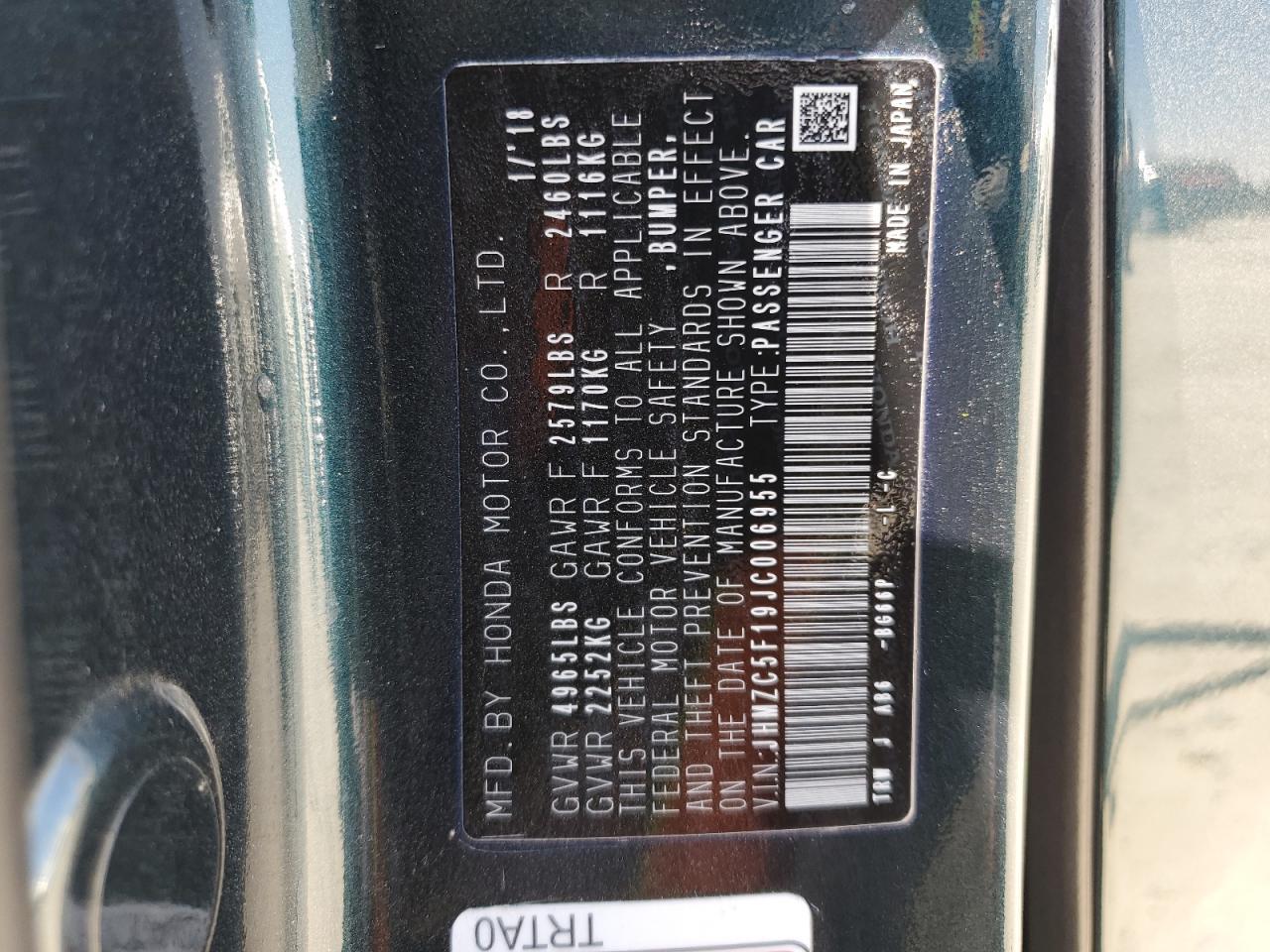 2018 Honda Clarity VIN: JHMZC5F19JC006955 Lot: 84214385