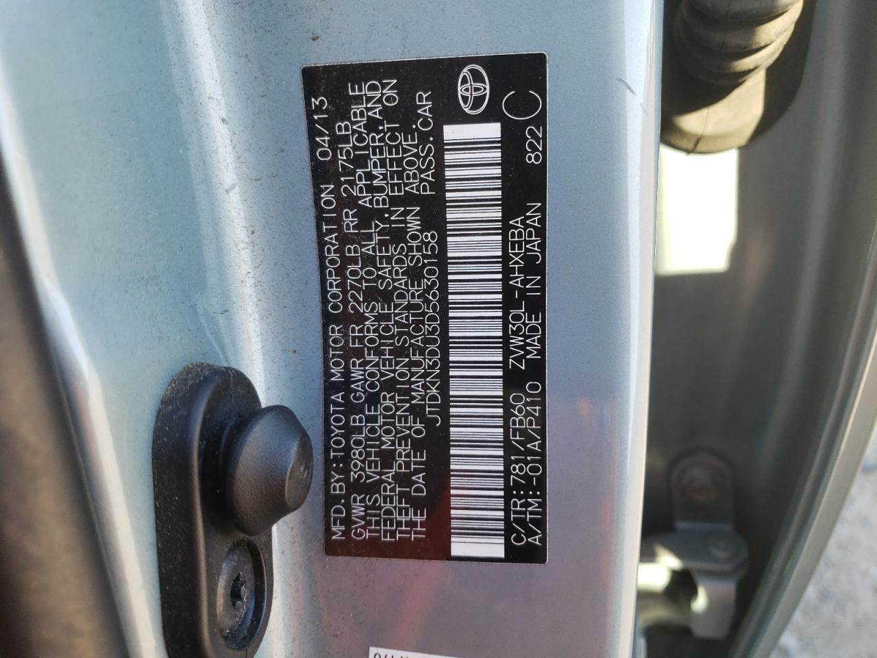 2013 Toyota Prius VIN: JTDKN3DU3D5630158 Lot: 90627785