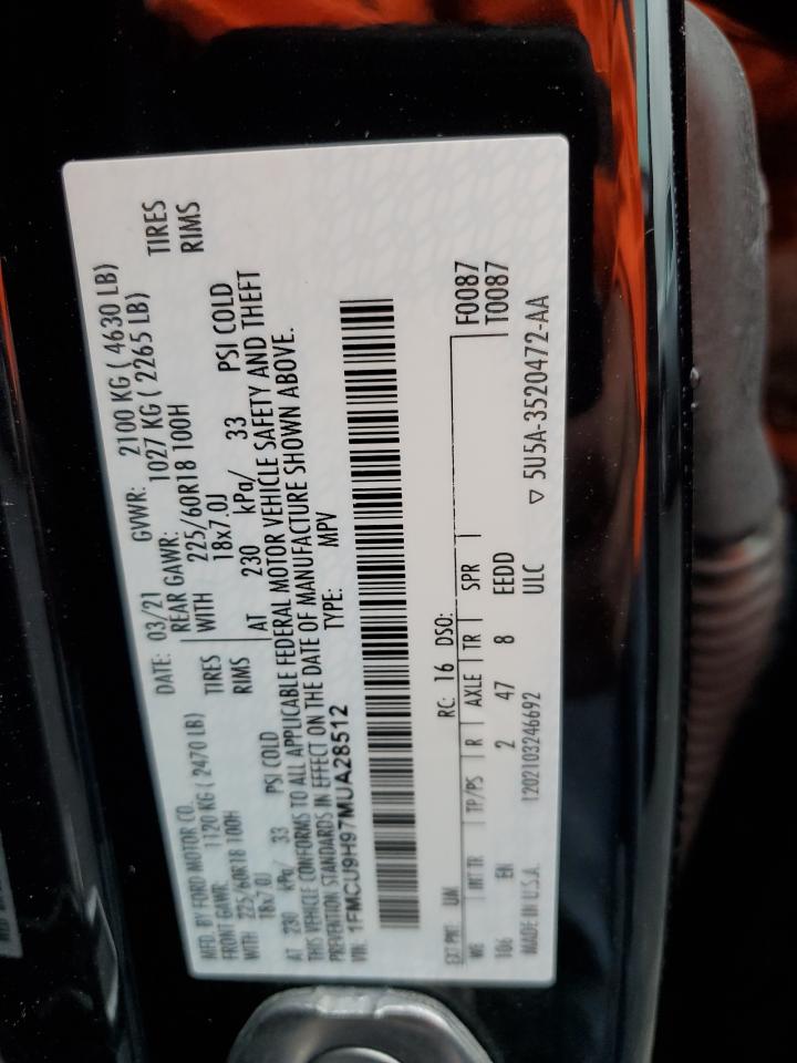 2021 Ford Escape Sel VIN: 1FMCU9H97MUA28512 Lot: 85692675