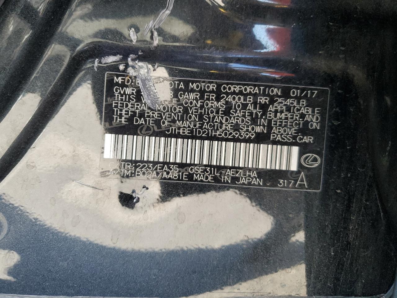 2017 Lexus Is 350 VIN: JTHBE1D21H5029399 Lot: 82334725