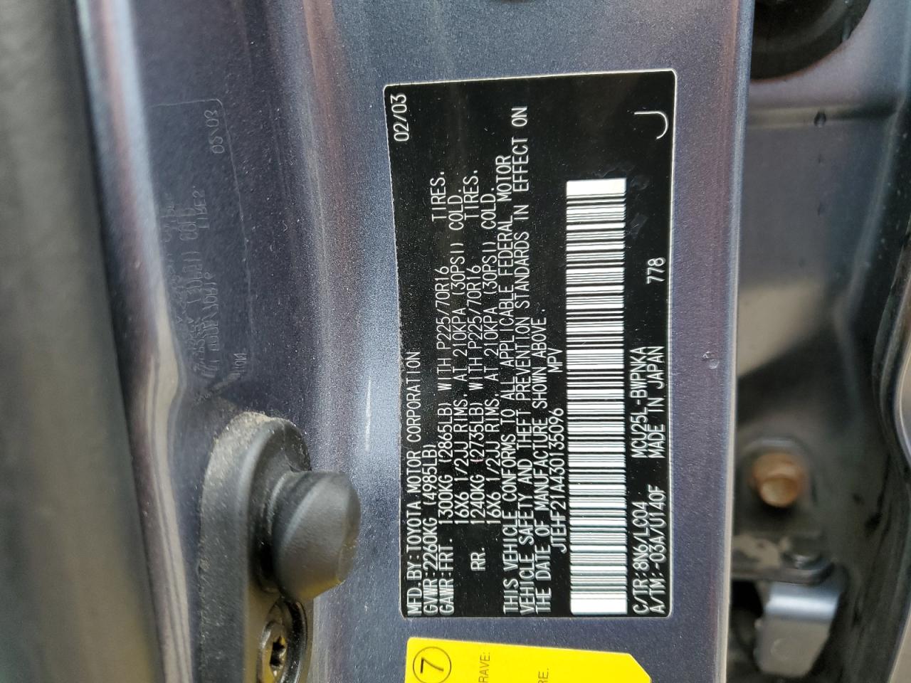 2003 Toyota Highlander Limited VIN: JTEHF21A430135096 Lot: 89688195