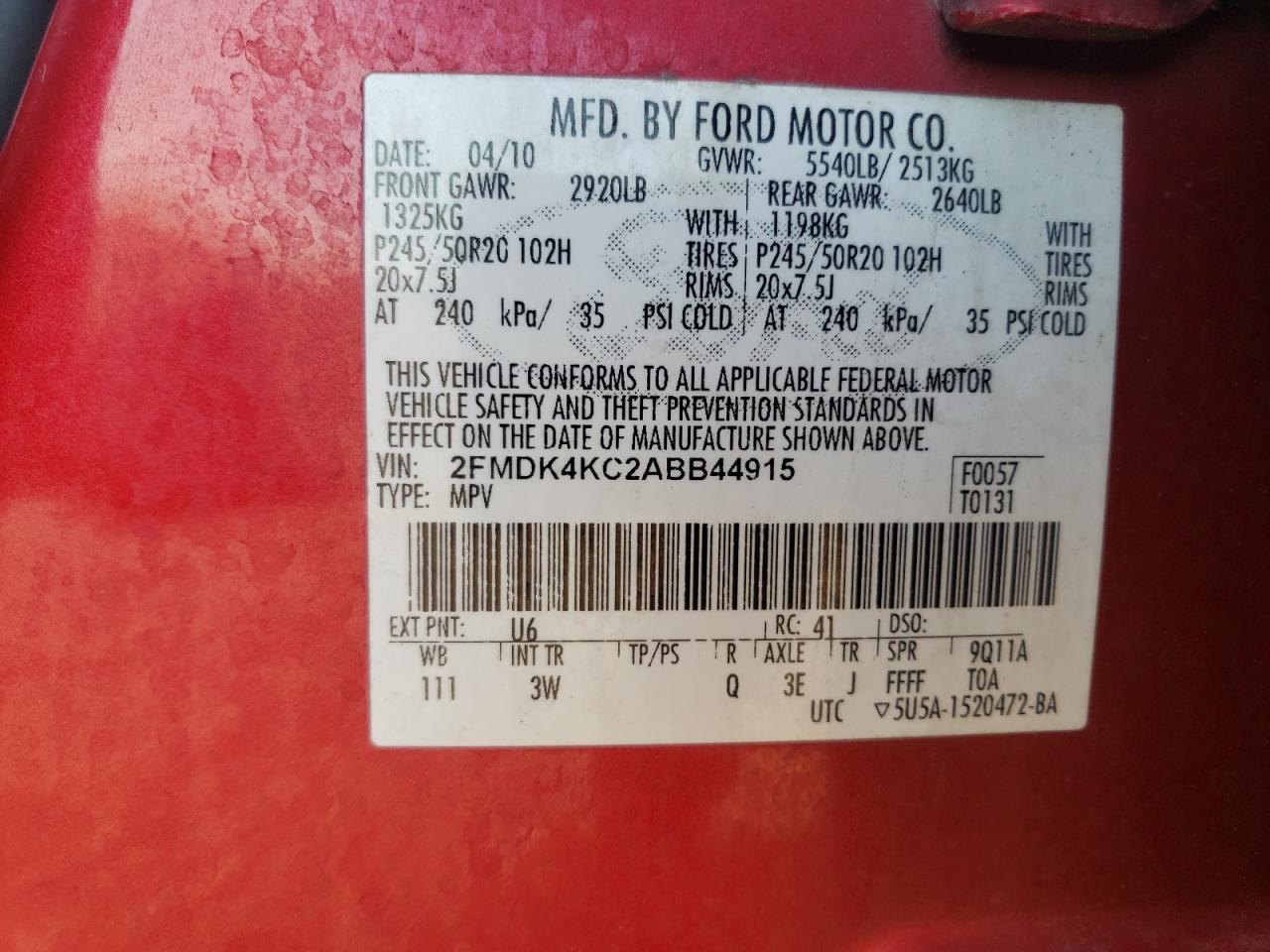 2010 Ford Edge Limited VIN: 2FMDK4KC2ABB44915 Lot: 81864195